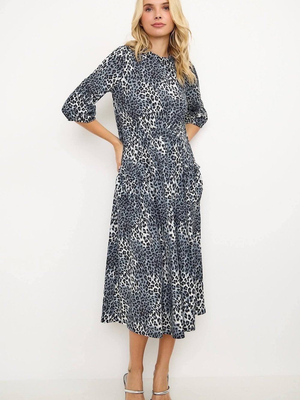 Leopard Print Midi Dress - Blue/Gray